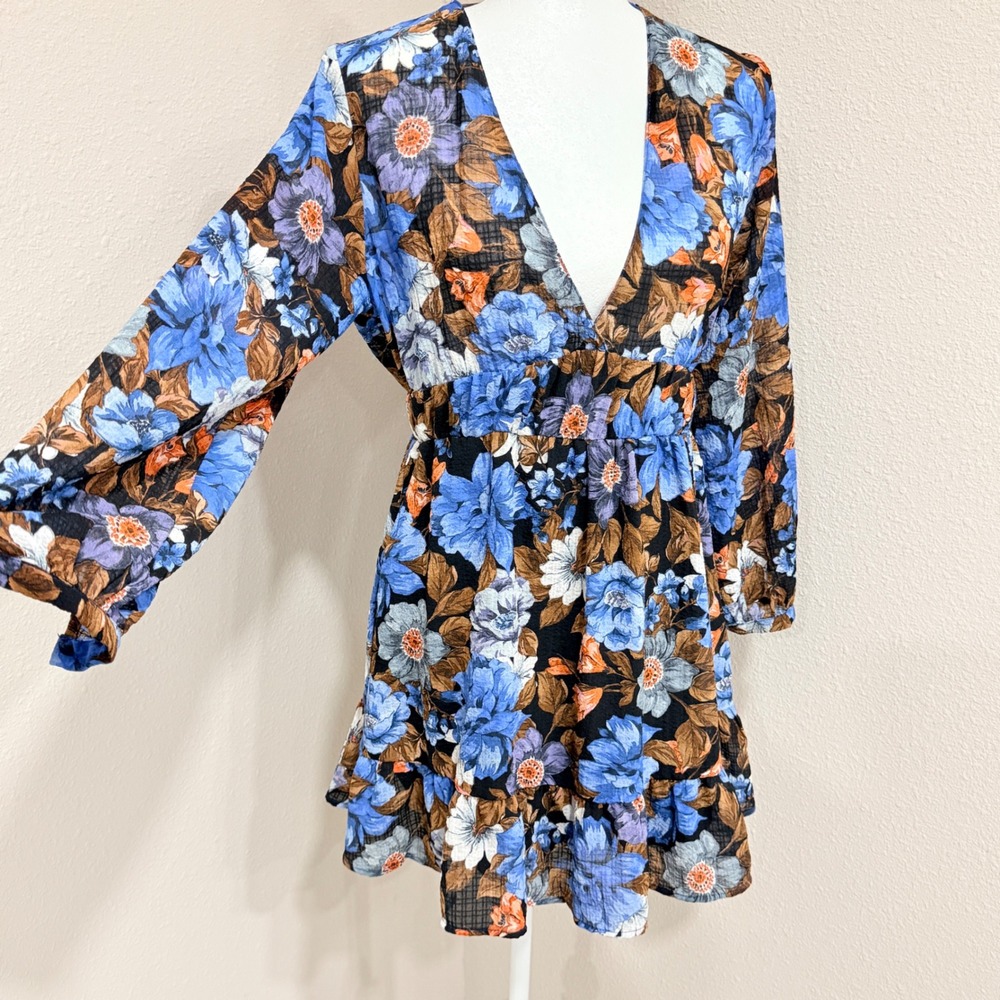 Zara Floral Mini Dress Small Blue Brown  Glam,‎ Romantic